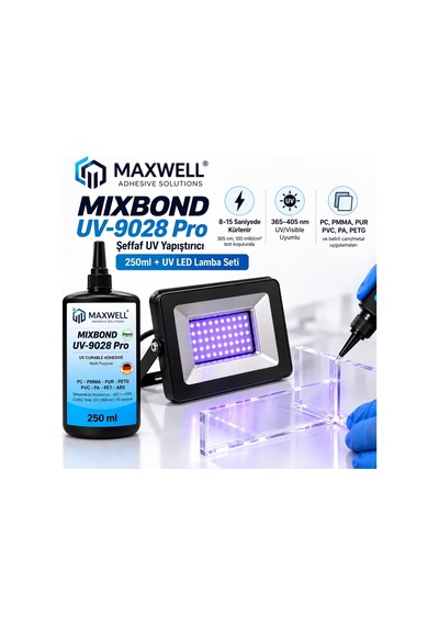 Mıxbond Uv-9028 Pro 250 Ml + 100w Uv Led Lamba Seti Şeffaf Uv Yapıştırıcı, Pc, Pmma, Pur, Pvc, Pa Ve Petg İç Genel