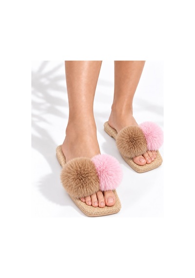 Dabab Shoes Pomella Kadın Bej Çift Ponponlu Peluş Bantlı Kaymaz Tabanlı Önü Açık Ev Terliği
