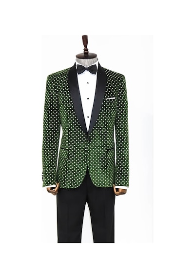 Wessi Nokta Desenli Slim Fit Koyu Yeşil Erkek Smokin Ceket Koyu Yeşil