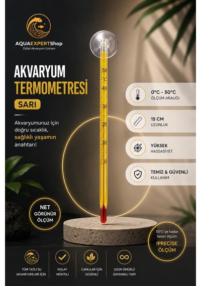 Akvaryum Termometre - Sarı - Hassas Ölçüm - Cam Termometre - 0/50 Derece Arası Ölçüm - Net Görünür - Güçlü Vantuz