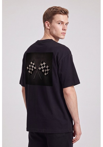 Black Nova Oversize Baskılı Unisex Tişört Race Flags Black Siyah