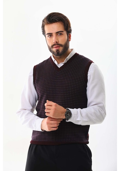 Pelikan Erkek V Yaka Desenli Yün Süveter 4p17 Bordo