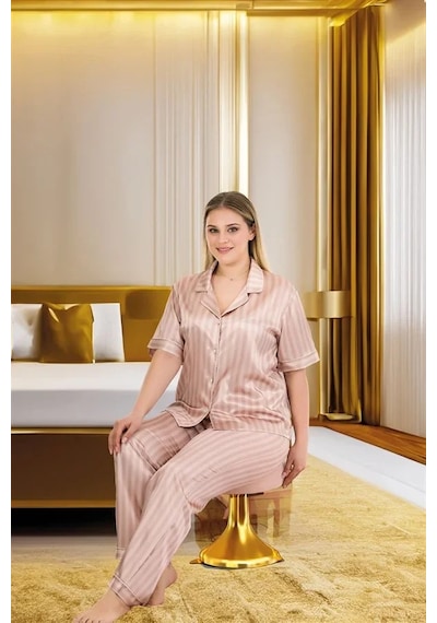 Veraura Lifestyle Kadın Büyük Beden Şık Tasarım Vizon Çizgili Düğmeli Kısa Kol Lüx Saten Pijama Takımı