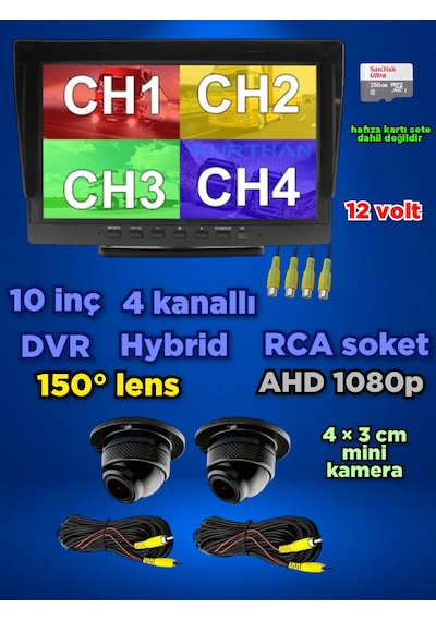 2 Adet Ahd 1080p Ultra Mini Kamera Ve 10 İnç Dvr Monitör Set 12 V