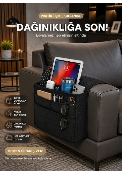 Kumandalık Koltuk Kenarı Organizer Yan Sehpa Koltuk Kenarı Düzenleyici Koltuk Başı Örtü Siyah