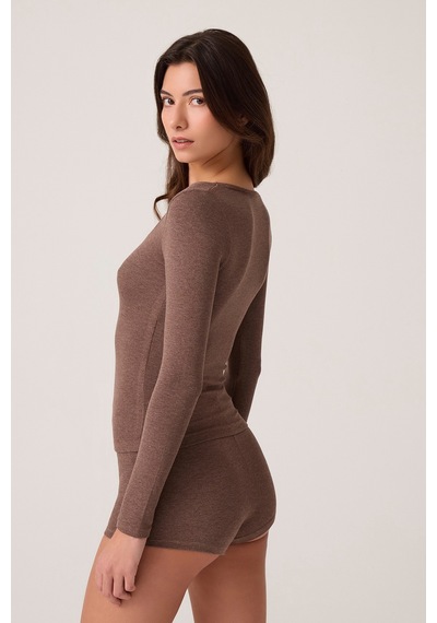 Los Ojos X Ece Kahverengi Modal Kumaşlı Uzun Kollu Şortlu Pijama Takımı Ribbed Pj Kahverengi Kahverengi