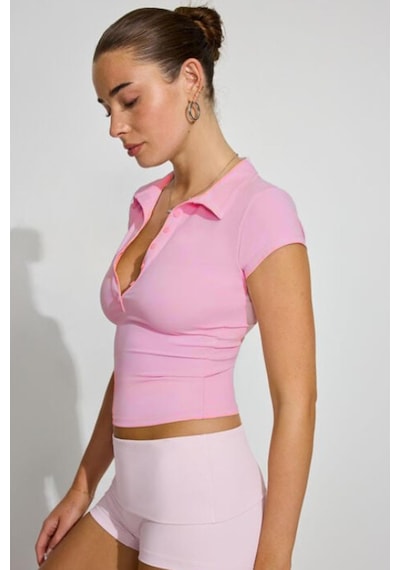 Pembe Polo Yaka Basic Kadın Tişört Mg2455 Pembe