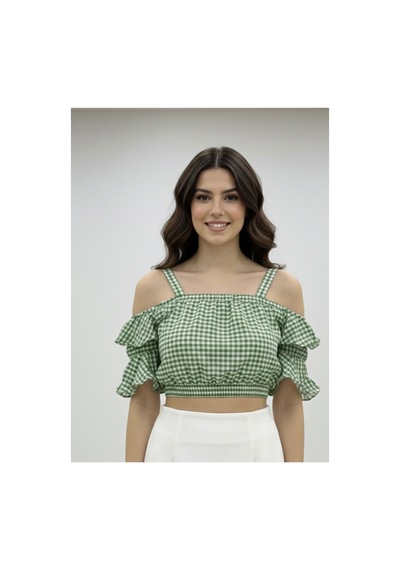 Polologin Butik Yeşil Pötikare Desenli Fırfırlı Crop Bluz Yeşil