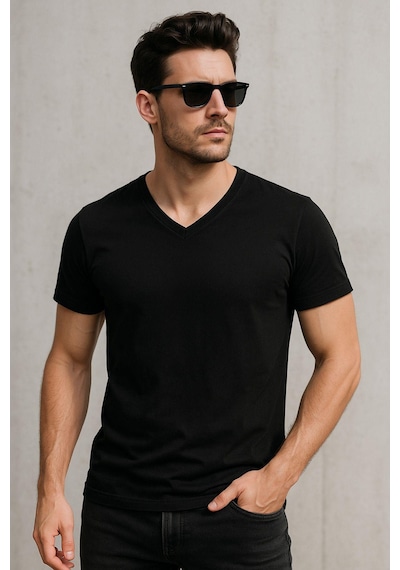 Rich Erkek V Yaka %100 Pamuk Kısa Kollu Siyah T-shirt Tişört SIYAH
