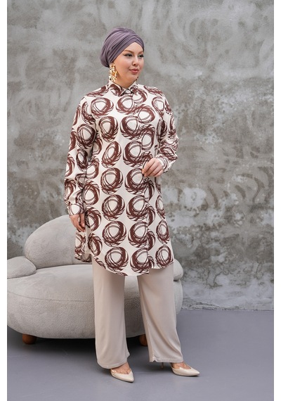 Polologin Butik Daire Desenli Kahverengi Krem Tunik Çok Renkli