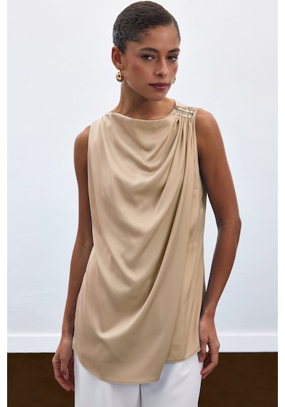 Sateen Aksesuar Detaylı Kolsuz Bluz - Bej-136917 Bej