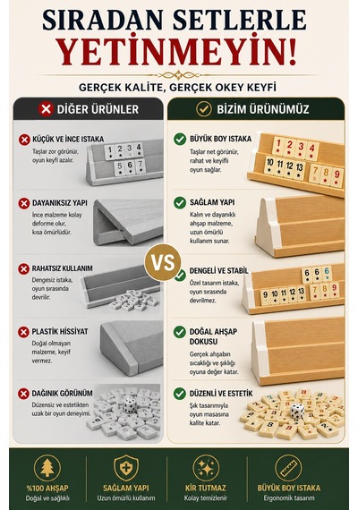 Büyük Boy Ahşap Okey Takımı 4 Kişilik Istaka Seti Taş Torbalı Dayanıklı Kalın Taşlı Oyun Seti