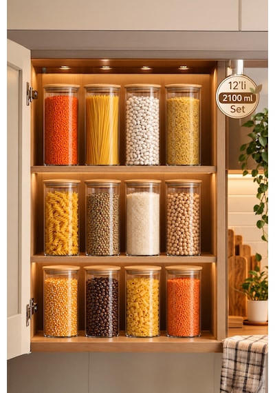 Porsima 4-4 Bambu Vakumlu Kapaklı Yuvarlak Cam 12li Kavanoz Seti Saklama Kabı 2100ml 10x30cm