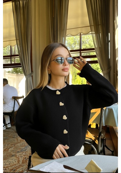 De Pose Kalp Düğme Detaylı Triko Hırka Siyah