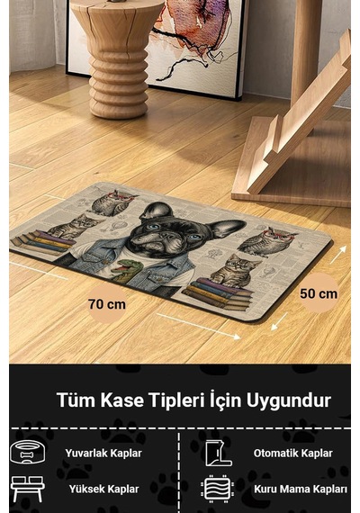 Matgo Pati Kedi Köpek Beslenme Matı 50x70cm Su Geçirmez Mama Kabı Paspası Retro Hayvan Akademisi