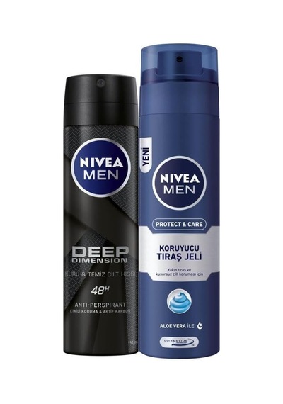 Men Erkek Sprey Deodorant Deep Dimension 48 Saat Anti-perspirant Koruma 150ml Ve Nıvea Men Protect&care Tıraş Jeli 200ml, Kuru Ciltler İçin, Pürüzsüz Tıraş