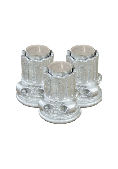 Eskitme Mumluk Şamdan 3 Adet Tealight Uyumlu Tarihi Sütun Model - Gümüş
