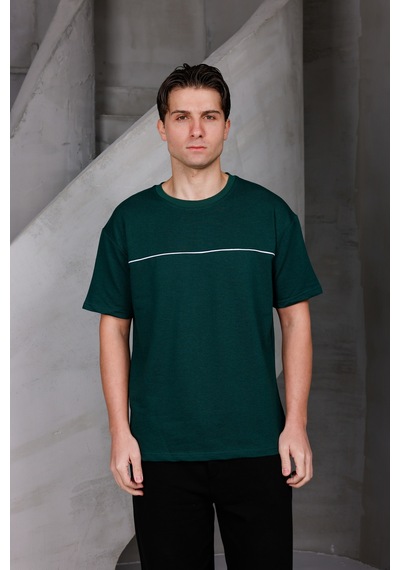 Erkek Garnili Şeritli Oversize Bisiklet Yaka 2 İki İplik Kompakt T-shirt Nefti