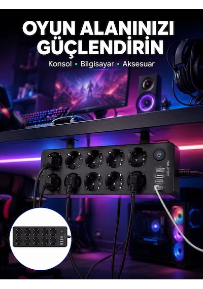 Usb Ve Type-c Çıkışlı 10'lu Akım Korumalı Çoklu Priz Güç Dağıtıcı 0.12 M