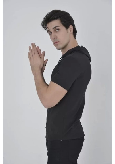 Erkek Kapşonlu Slim Fit T-shirt - Siyah Siyah