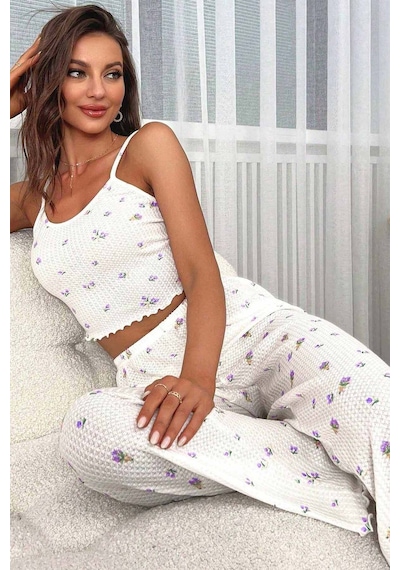 Merry See Baskılı Askılı Pijama Takımı Mor Çiçekli Mor