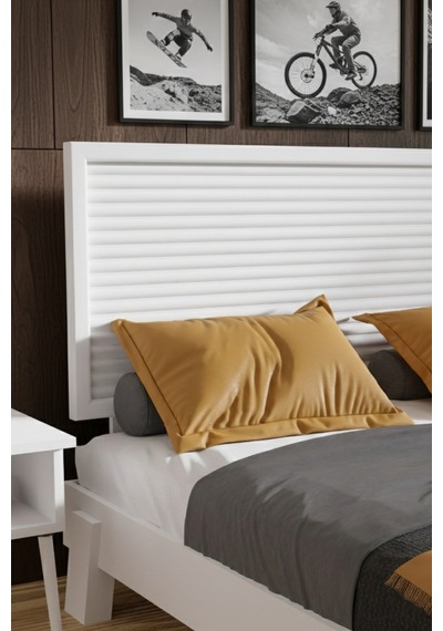 Ebruli Yatay Başlıklı Masif Ahşap Karyola Ve 2 Beyaz 90x200