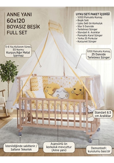 Öykü Bebek Dunyasi Anne Yanı 60x120 Cm Doğal Ahşap Sallanır Sabitlenir Full Uyku Seti Beşik Sarı Öykü Bebek Dunyasi Anne Yanı 60x120 Cm Doğal Ahşap Sallanır Sabitlenir Full Uyku Seti Beşik Sarı