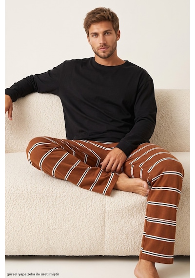 Siyah İnci Desenli Pamuklu Örme Pijama Takım 8093 Tarçın Beyaz Çizgi