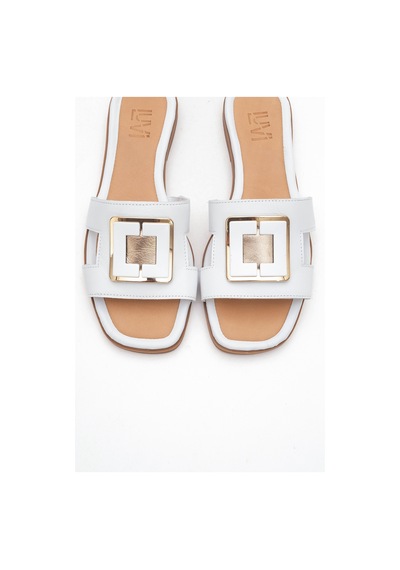 Luvishoes Millie Beyaz Hakiki Deri Tokalı Kadın Terlik Beyaz