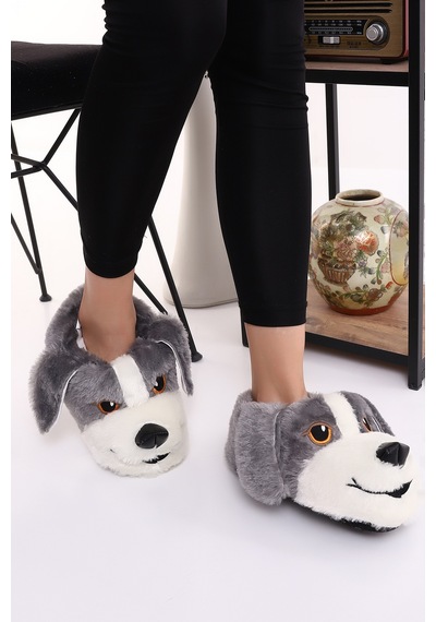 Wordex Hayvanlı H10 Köpekli Kışlık Kadın Erkek Çocuk Panduf Ev Içi Sessiz Taban Panduf Gri