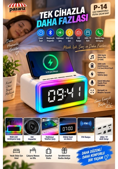 6'sı 1 Arada Çalar Saat Bluetooth Hoparlör, Kablosuz Şarj, Fm Radyo, Rgb Led Ambiyans Işığı, Telefon Standı, Usb Ve Microsd Destekli Taşınabilir Dijital Saat P14 6'sı 1 Arada Çalar Saat Bluetooth Hoparlör, Kablosuz Şarj, Fm Radyo, Rgb Led Ambiyans Işığı, Telefon Standı, Usb Ve Microsd Destekli Taşınabilir Dijital Saat P14
