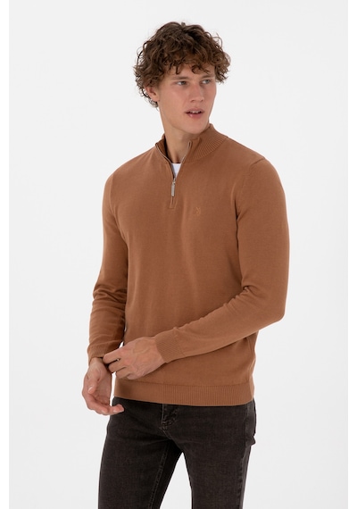 U.S. Polo Assn. Erkek Slim Fit Yarım Fermuarlı Camel Basic Kazak 50313695-VR233