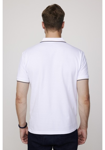 Tudors Erkek Slim Fit Dar Kesim Düz Pike Kol Şeritli Beyaz Polo Yaka Tişört-27645-Beyaz