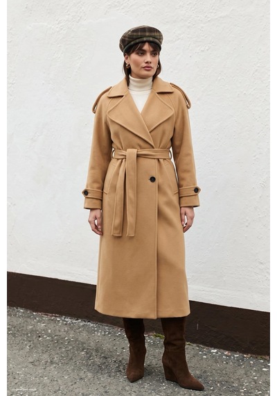 Sateen Apoletli Ve Belden Kuşaklı Uzun Kaban Camel