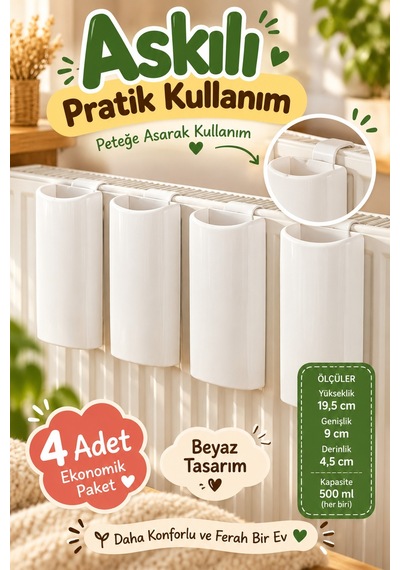 4'lü Set Beyaz Kalorifer Suluğu Her Biri 500 Ml Askılı Petek Su Haznesi Evde İçin Radyatör Aksesuarı
