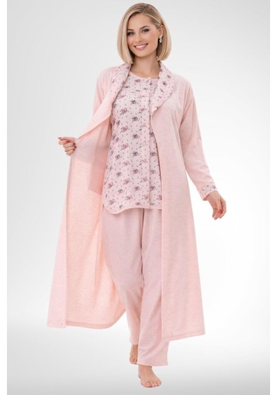 Mecit Pijama Mecit 6317 Pudra Kadın Büyük Beden Sabahlıklı Pijama Takımı Pudra