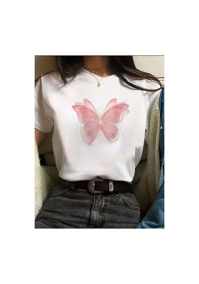 Pembe Kelebek Desenli Baskılı Kompakt T-shirt Beyaz