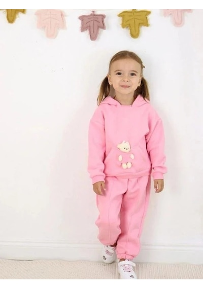 Kız Çocuk Ayıcıklı 3 İplik Şardonlu Eşofman Takım-15058 Pembe