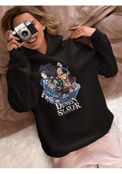 Sevbano Demon Slayer Kimetsu No Yaiba Baskılı Unisex Oversize Anime Hoodi Siyah