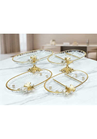 Elta Collection Yeni Seri 4 Parça Paşabahçe Gold Yaldızlı Metal Ayaklı Sunum Seti Kurabiyelik Hediyelik Gold Oval