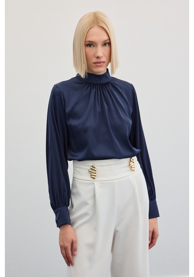 Sateen Yaka Detaylı Saten Bluz - Lacivert-136018 Lacivert