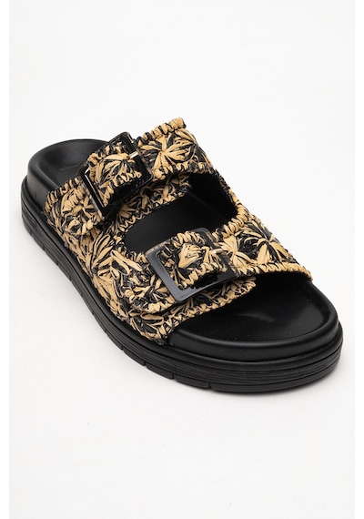 Luvishoes Luvi Shoes Mılana Siyah Desenli Hakiki Deri Tokalı Çift Bantlı Kadın Terlik Siyah