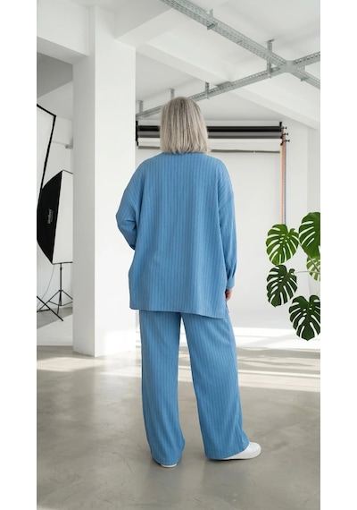 Byemelika %100 Viskon, Çizgili Desen, Bolpaça, Lastik Bel Detaylı Gömlek & Pantolon Takım Yeşil Mavi Byemelika %100 Viskon, Çizgili Desen, Bolpaça, Lastik Bel Detaylı Gömlek & Pantolon Takım Yeşil Mavi