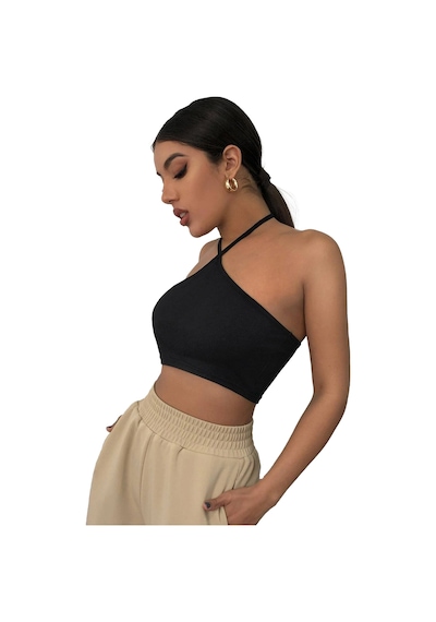 Liona Kadın Boyundan Bağlamalı Siyah Renk Crop Top Bluz 001
