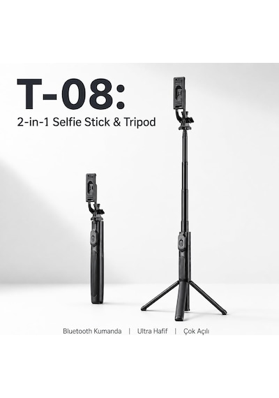 Hepu Hp-t08 Bluetooth Selfie Çubuğu Tripod Ayaklı + Katlanabilir + Uzaktan Kumandalı 150 Cm