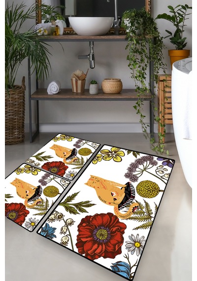 HENNAED CAT DJT 3 LU SET Banyo Halısı Banyo Paspası Beyaz