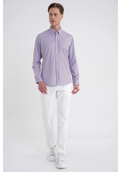 Slim Fit Yaka Düğmeli Baskılı Pamuklu Bordo Gömlek G 1606
