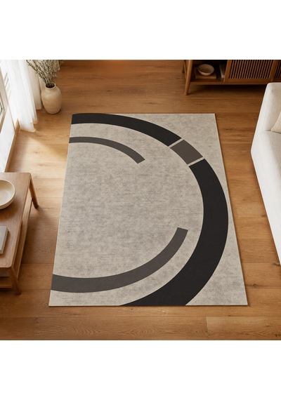 Kartela Halı Yörünge Daire Desenli Modern Halı Antrasit Kaymaz Taban Makinede Yıkanabilir 120x180 Cm