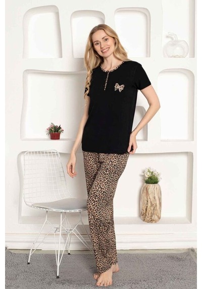 Monox Kadın Leopar Baskı Kısa Kol Uzun Alt Pijama Takımı Siyah