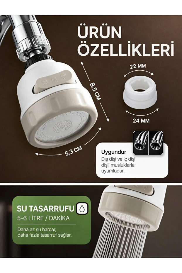 Musluk Başlığı 360 Döner 3 Fonksiyonlu Su Tasarruflu Perlatör 1